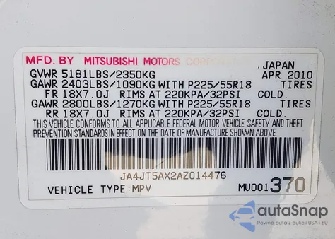 2010 Mitsubishi Outlander Gt z USA, uszkodzony, nr VIN JA4JT5AX2AZ014476